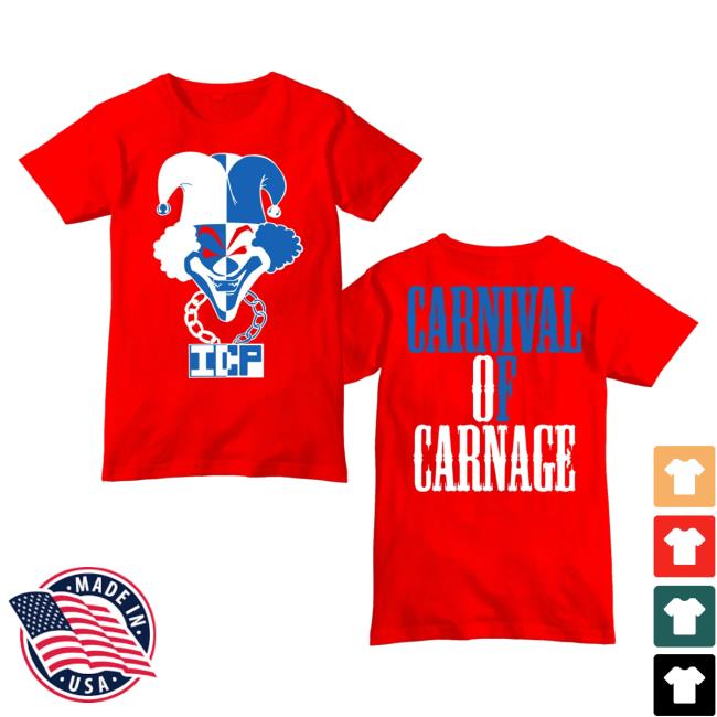 Official Icp Merch Clothing Store Insane Clown Posse 30 Years Carnival Of Carnage White & Blue Logo Red Tees