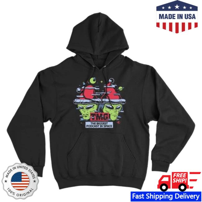 Official Tmg Studios Merch Brooke And Connor Biggest Podcast In Space Holiday Pullover Hoodie