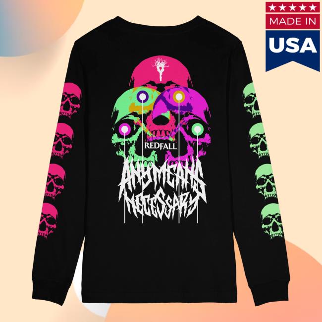 Official Any Means Necessary Clothing Tie Dye 3 Skulls Redfall Long Sleeve Tees Black