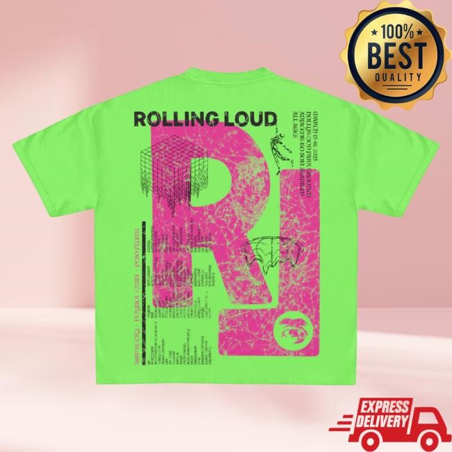 Official Rolling Loud Merch Store Shop Rolling Loud RL LA 25 Boxed In Lime Green Lineup Tee RollingLoud