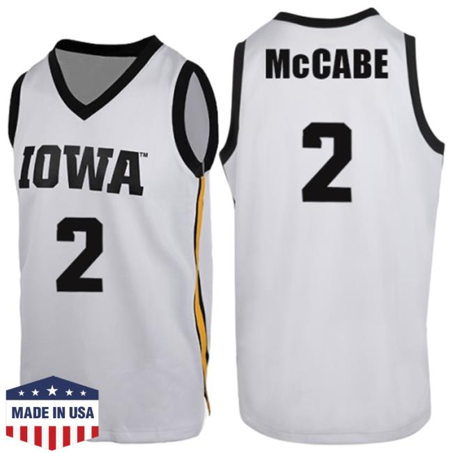 Official Iowa Hawkeyes Merch Store Iowa Hawkeyes Mccabe #2 White Jersey Shirts Iowa Hawkeyes Apparel Clothing Shop