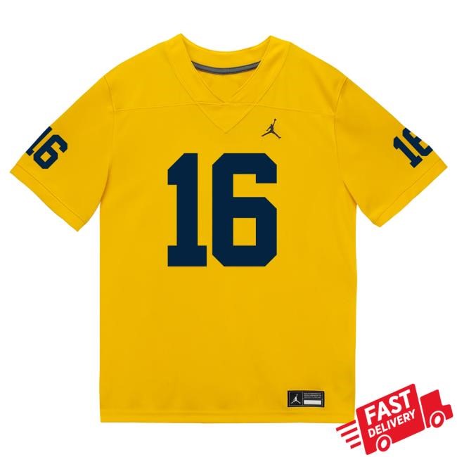 The M Den Michigan Wolverines #16 Davis Warren Student Athlete Maize Football Jersey Shirt