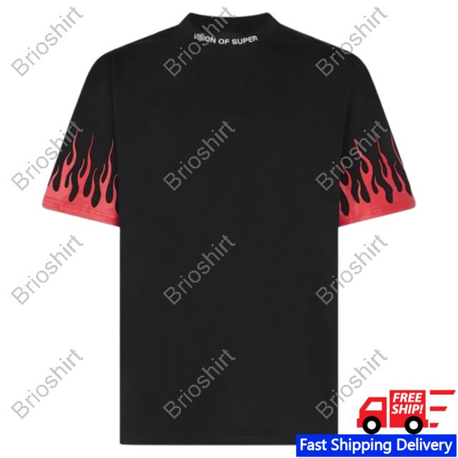 Official Vision Of Super Black Hot Shirt With Printed Red Flames