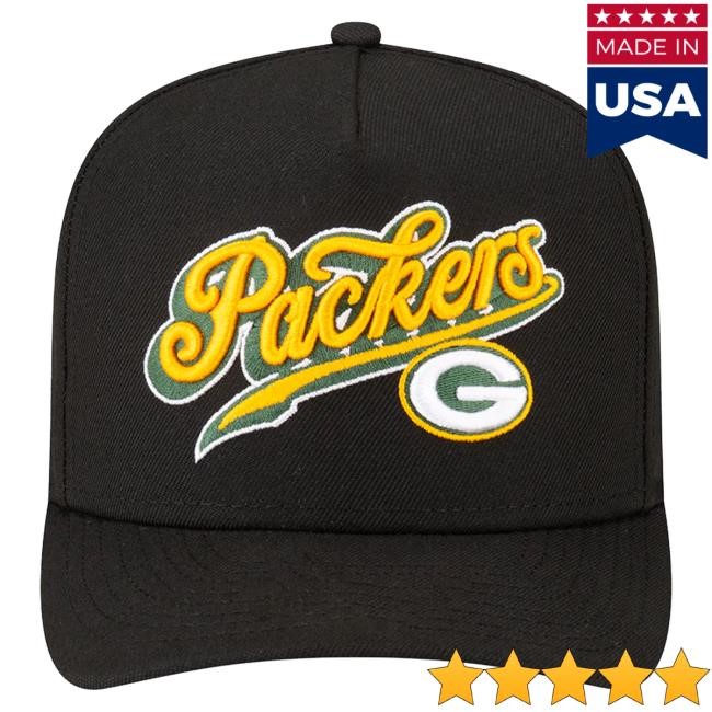 Official Born X Raised + Packers Pro Script A-Frame Snapback Cap: Black NFL 2025 Kickoff
