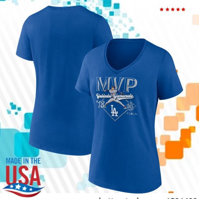 Official Women's Los Angeles Dodgers Yoshinobu Yamamoto Royal 2025 World Series MVP V-Neck Tees Mlb Shop